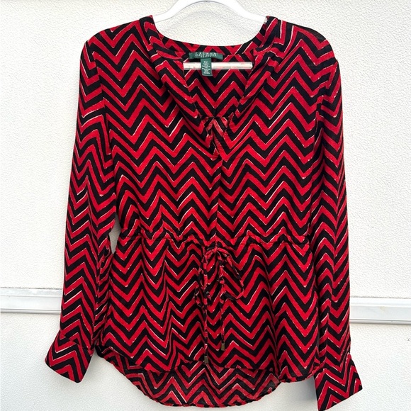 Lauren Ralph Lauren WOMENS Blouse M Chevron Red/black Dressy Going Out Top - Picture 13 of 14